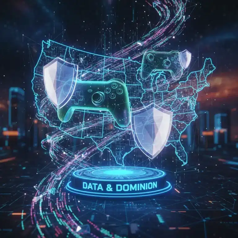 Futuristic digital gaming landscape with data streams and privacy shields, representing US gaming data privacy challenges.