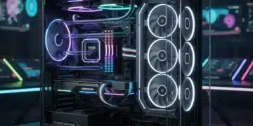 Futuristic gaming PC with advanced liquid cooling and high-end air cooler components visible, glowing RGB lights.