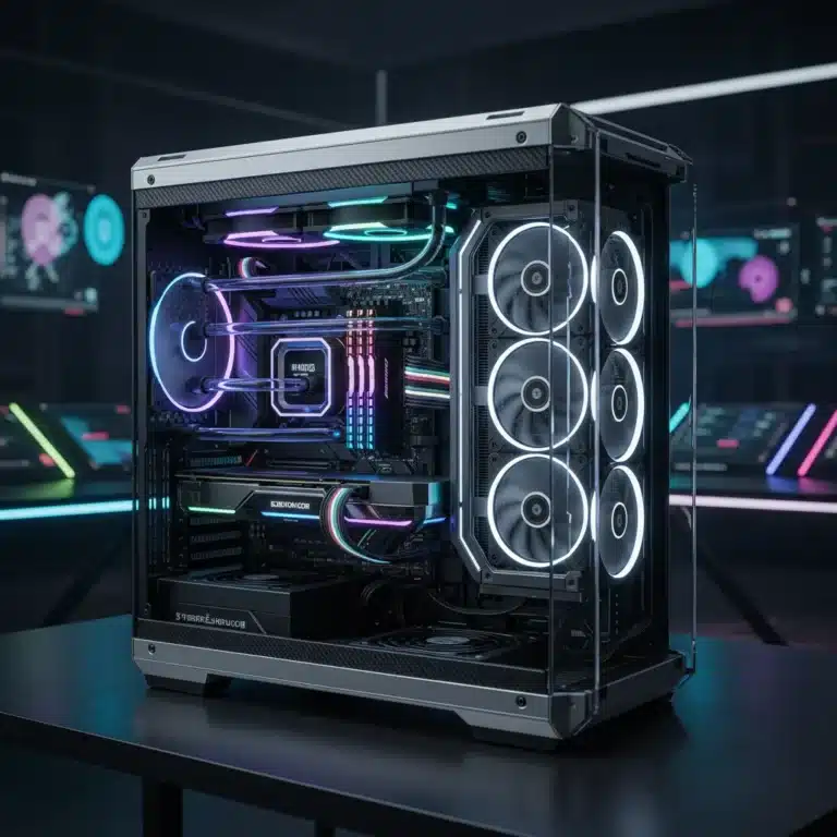 Futuristic gaming PC with advanced liquid cooling and high-end air cooler components visible, glowing RGB lights.