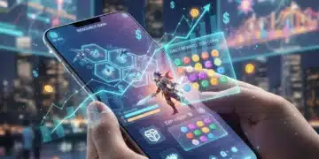 Futuristic mobile gaming interface on a smartphone, representing top revenue-generating titles in the US.