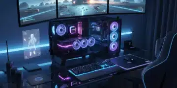 Futuristic PC gaming setup with advanced GPU and multiple monitors, showcasing cutting-edge hardware trends for 2026.