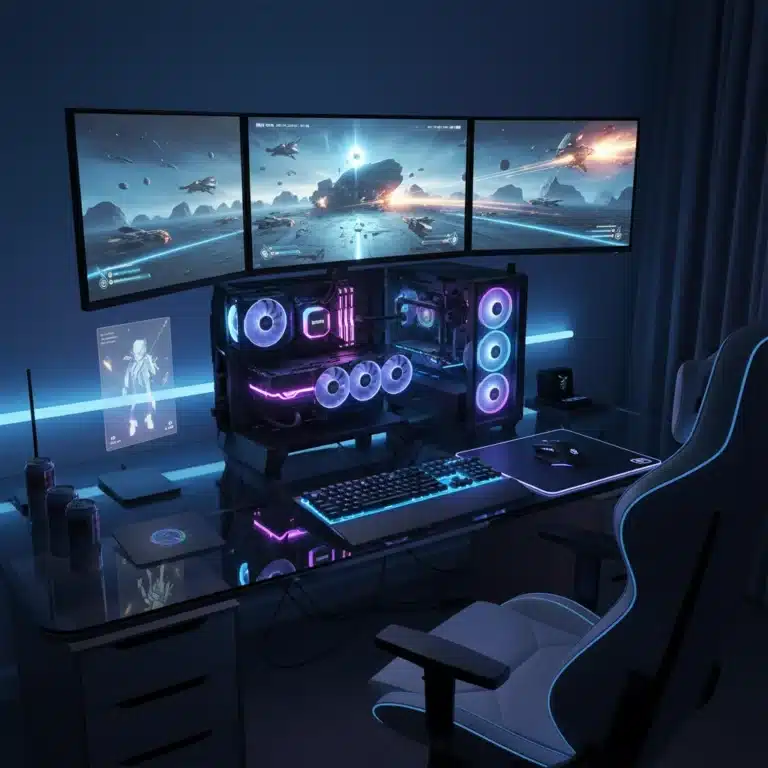 Futuristic PC gaming setup with advanced GPU and multiple monitors, showcasing cutting-edge hardware trends for 2026.