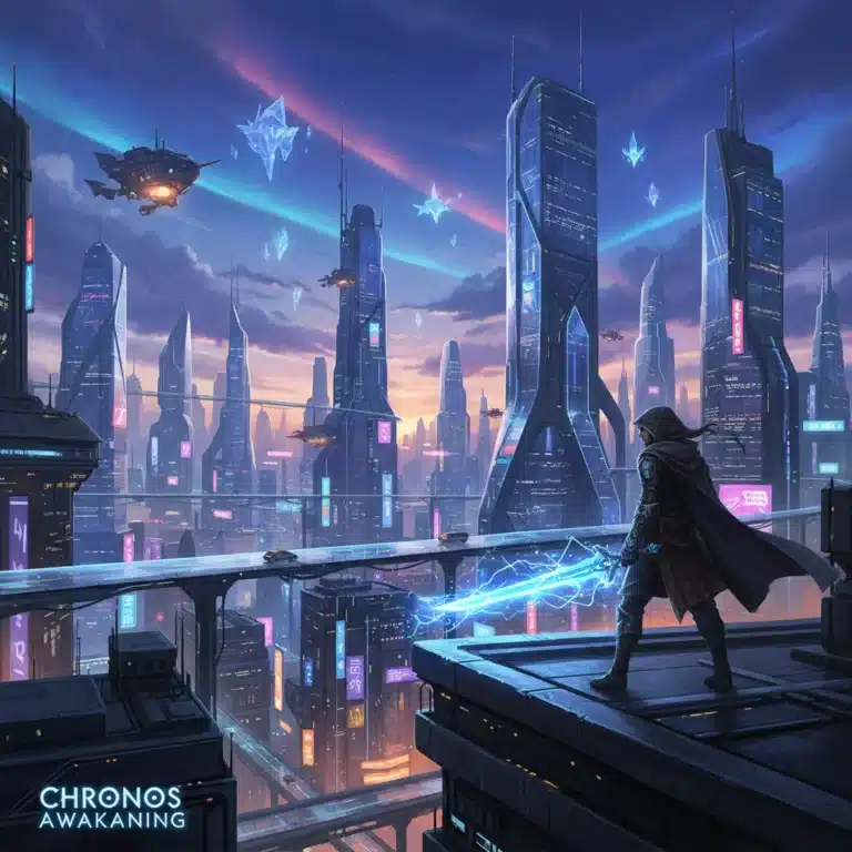 Futuristic cityscape with hero, glowing sword, and magical elements, representing top RPGs of 2026.