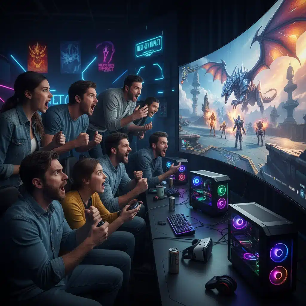 Enthusiastic gamers reacting to immersive gameplay powered by new hardware, reflecting market impact.