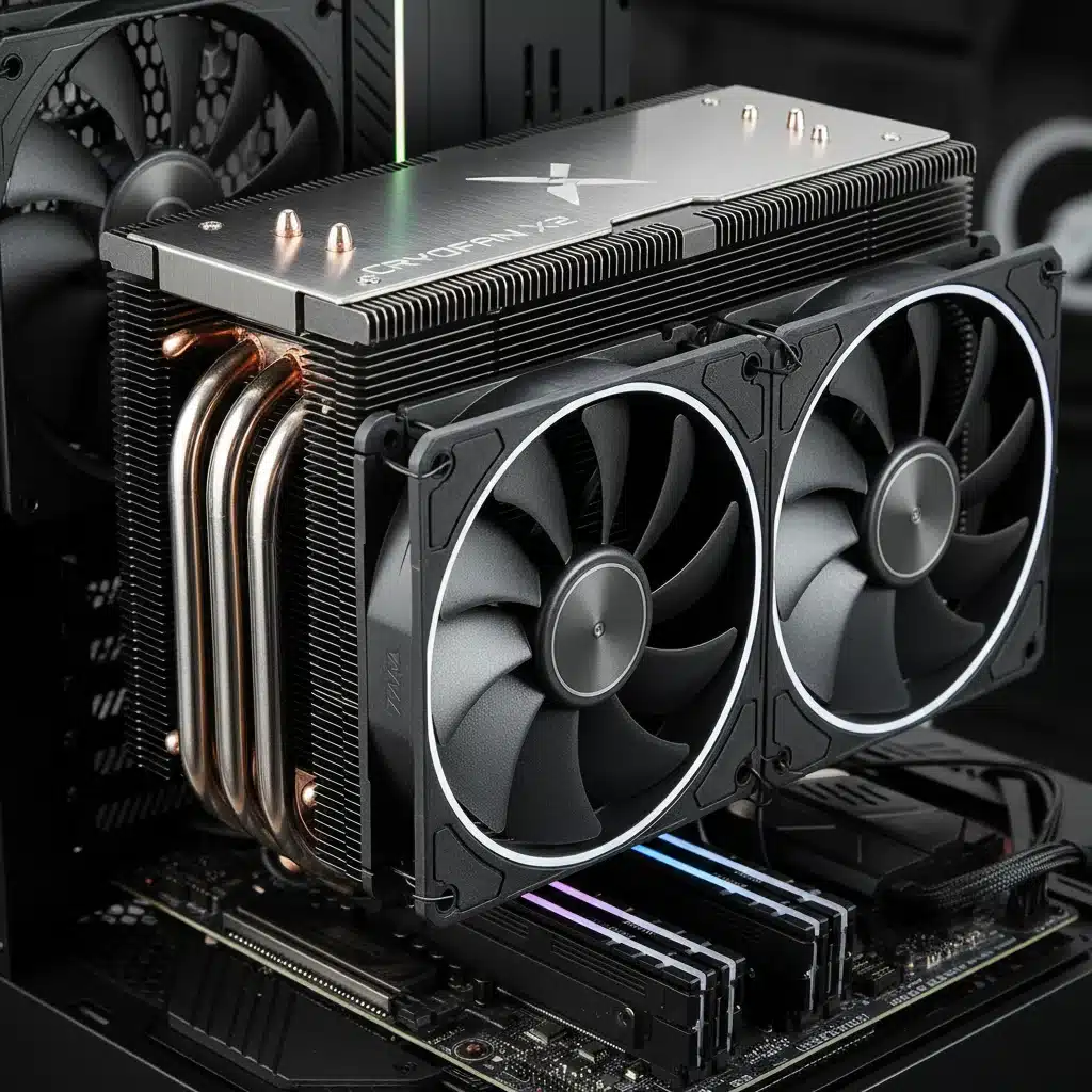 High-end air cooler with multiple heat pipes and dual fans mounted on a CPU.