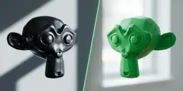 Unpacking the Latest Trends: What's Shaping Gaming News Today? A stylized, minimalist photograph contrasting a high-polygon black metal 3D character model with a low-polygon matte green plastic 3D character model, bisected by an illuminated green line, representing game development innovation and challenges.