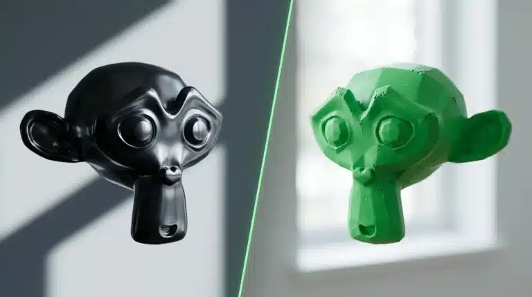 A stylized, minimalist photograph contrasting a high-polygon black metal 3D character model with a low-polygon matte green plastic 3D character model, bisected by an illuminated green line, representing game development innovation and challenges.