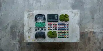Beyond the Hype: Crafting a Critical Game Review that Matters An aerial view of a meticulously organized workbench with gaming hardware and analysis graphs, representing the structured approach to game reviews.