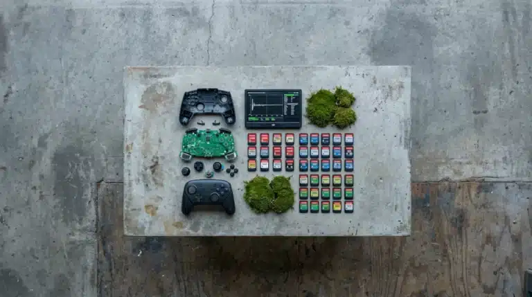 An aerial view of a meticulously organized workbench with gaming hardware and analysis graphs, representing the structured approach to game reviews.