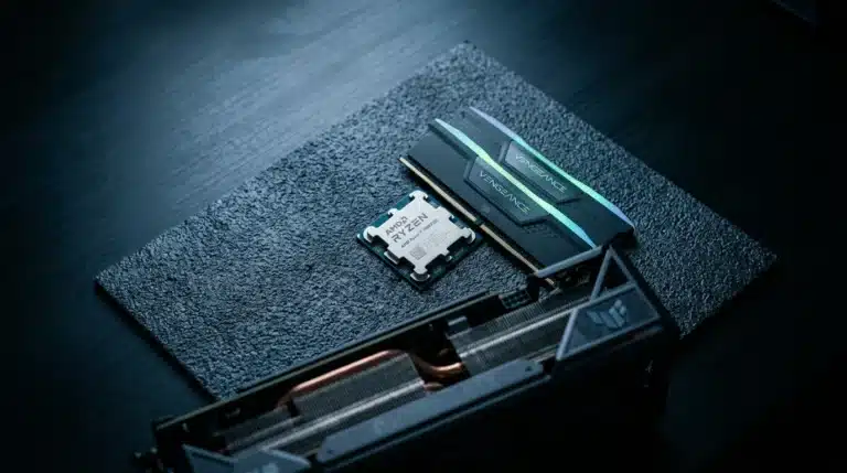 Close-up of a gaming CPU, GPU, and RAM modules arranged on an anti-static mat, dramatically lit to highlight their intricate details and metallic textures.