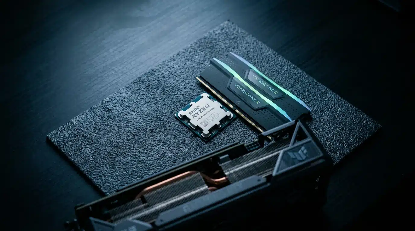 Close-up of a gaming CPU, GPU, and RAM modules arranged on an anti-static mat, dramatically lit to highlight their intricate details and metallic textures.