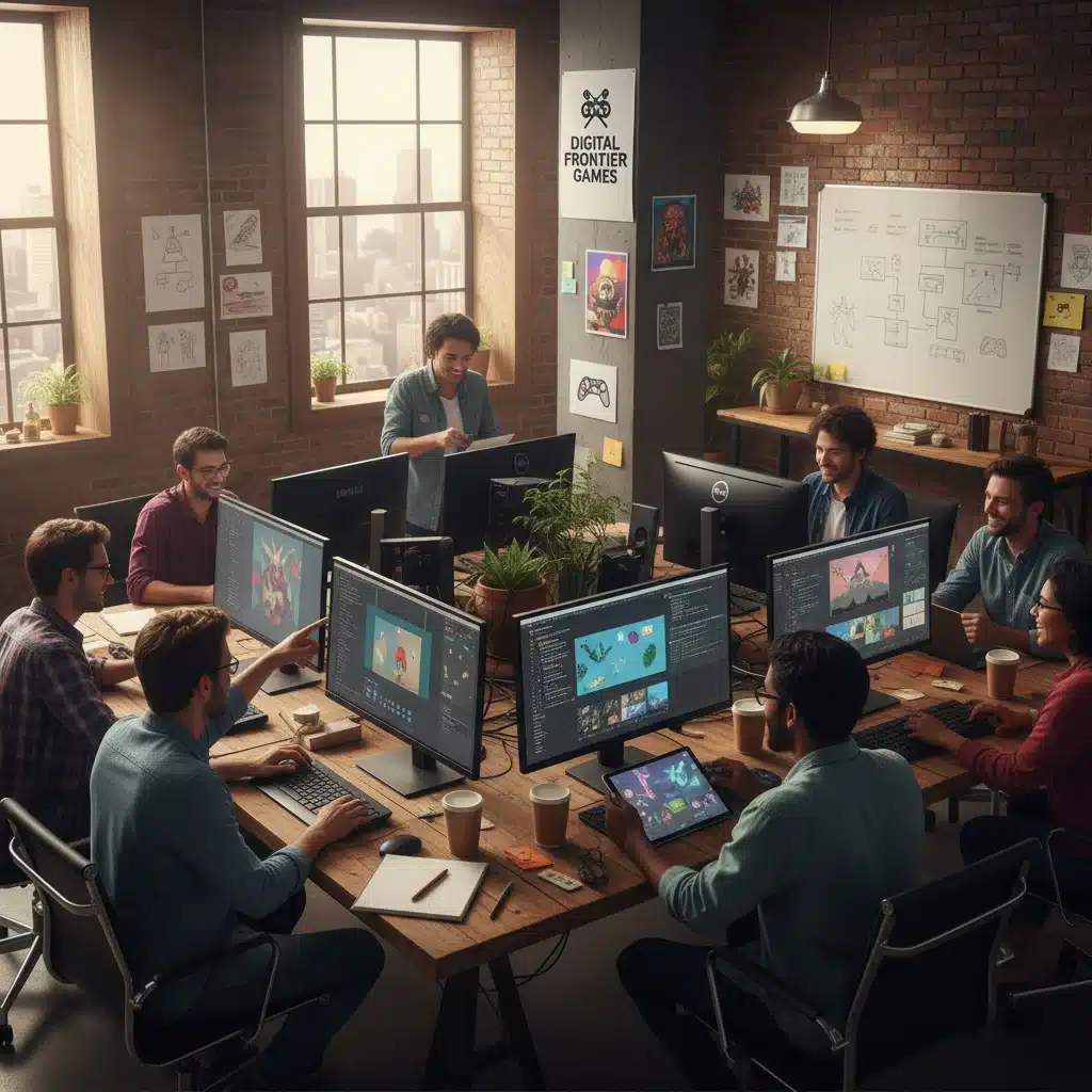 Independent game developers collaborating in an office, showcasing indie game development opportunities.