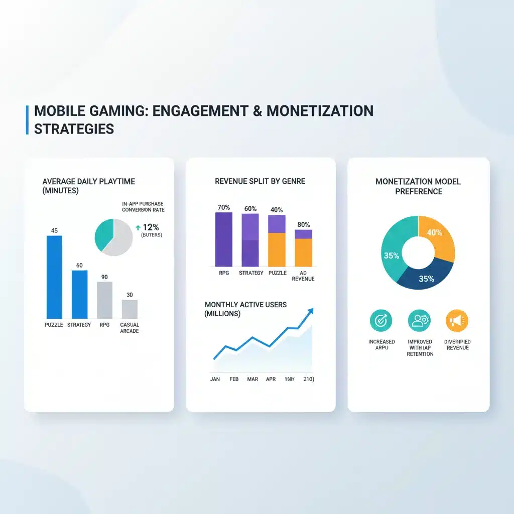 Infographic detailing mobile gaming user engagement and monetisation strategies in the US market.