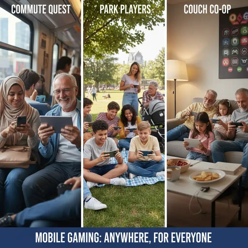 Diverse individuals engaged in mobile gaming, illustrating widespread accessibility and popularity.