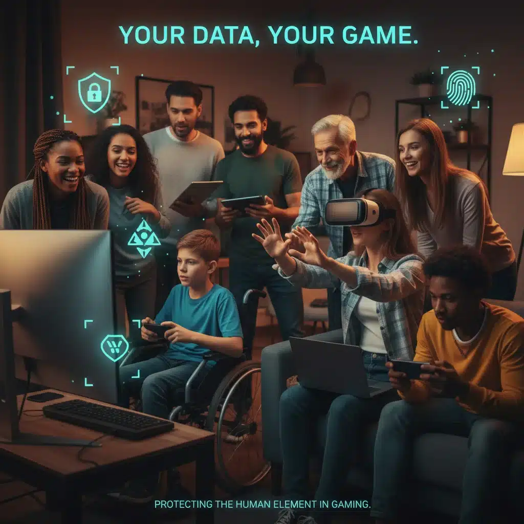 Diverse gamers interacting with devices, overlaid with digital security icons, representing player data protection.