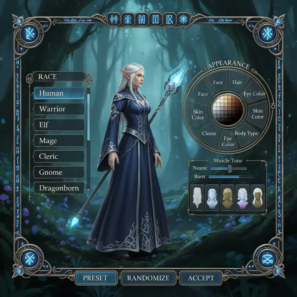 Detailed character customization screen in a fantasy RPG, with options for race, class, and appearance.
