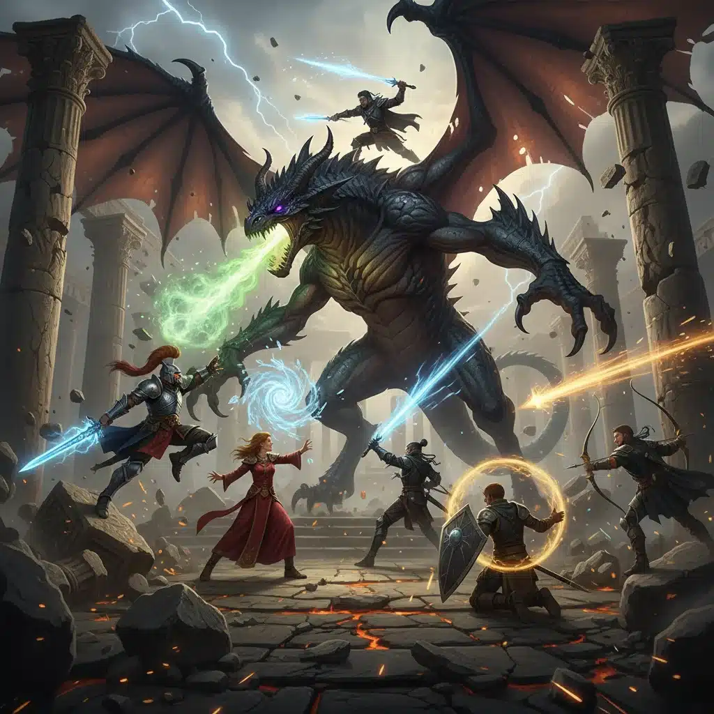 Epic battle scene with multiple characters, spells, and a large boss monster in an ancient temple.