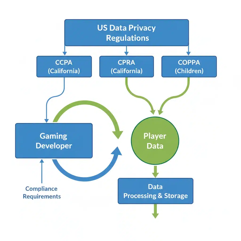 Flowchart depicting interconnected US data privacy regulations impacting gaming developers and player data.