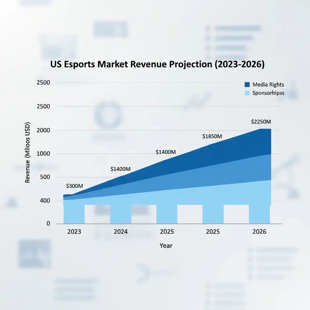 Projected revenue growth chart for the US esports market showing rising figures from 2023 to 2026.