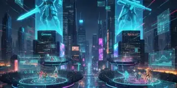 US Game Industry Forecast 2026: Key Growth Sectors & Investment Futuristic cityscape with holographic game projections, representing the US game industry forecast 2026.