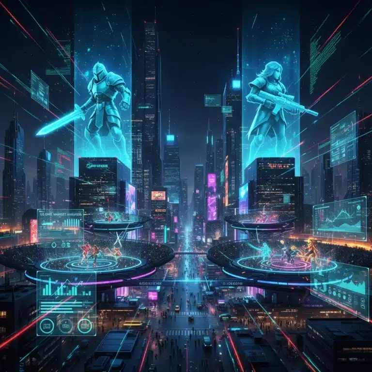 Futuristic cityscape with holographic game projections, representing the US game industry forecast 2026.