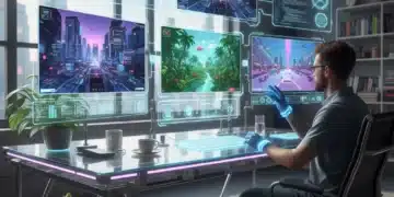 Futuristic desk showing AI game development, US studio innovation