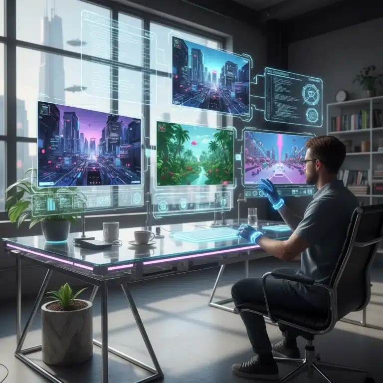 Futuristic desk showing AI game development, US studio innovation