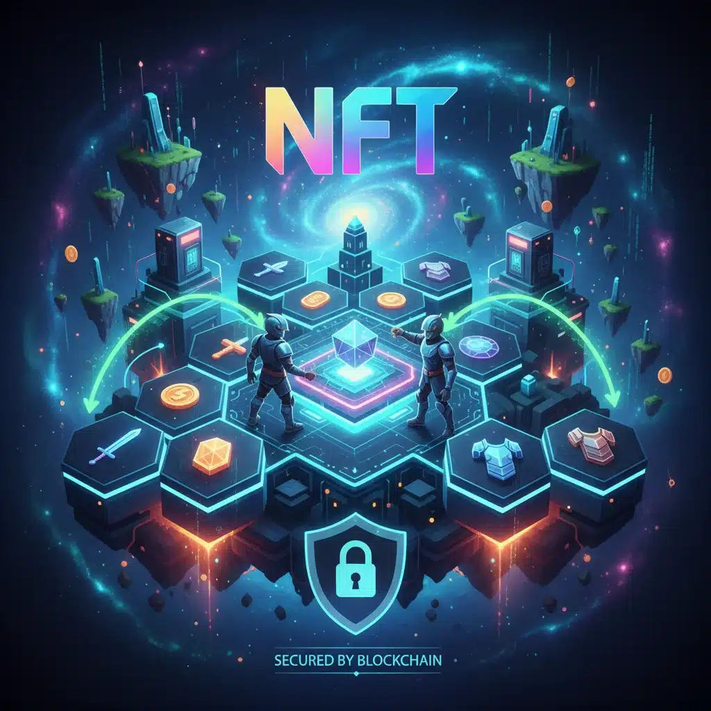 Blockchain and NFT integration in gaming, depicting secure digital asset exchange and future ownership models.