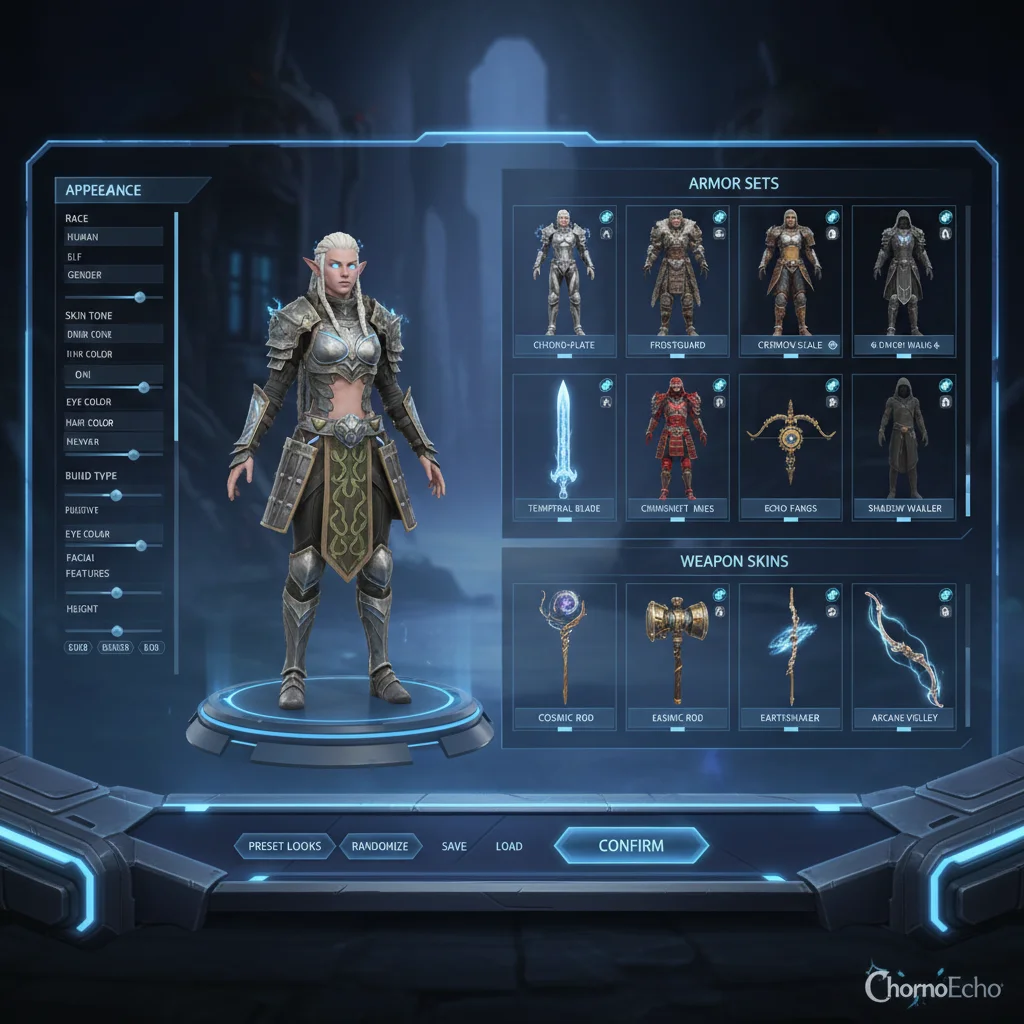 ChronoEcho character customization screen, armor sets, weapon skins, diverse options