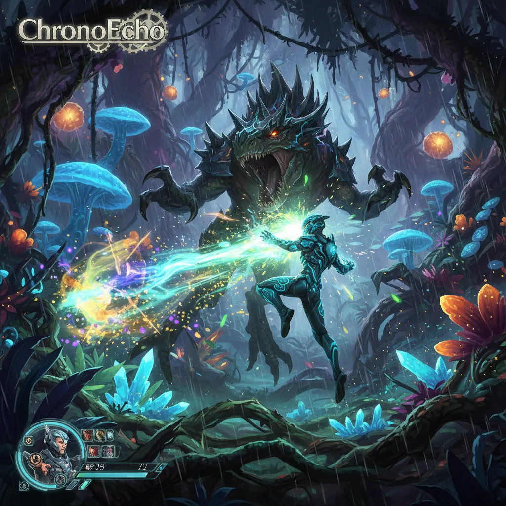ChronoEcho combat screenshot, alien jungle, detailed characters, vibrant particle effects
