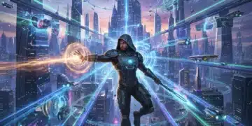ChronoEcho game cover art, futuristic city, dynamic protagonist, time-bending effects