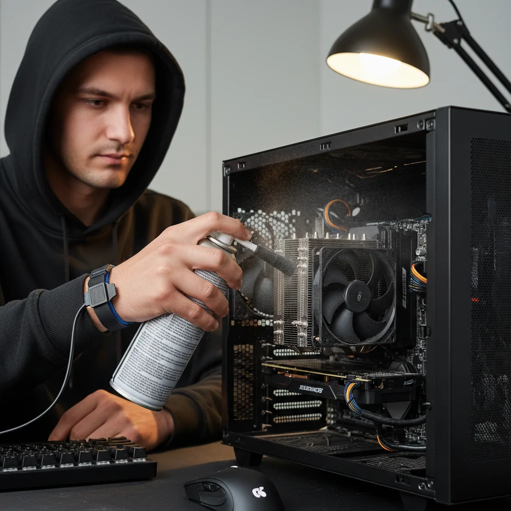 Gamer cleaning CPU cooler with compressed air for optimal PC performance.
