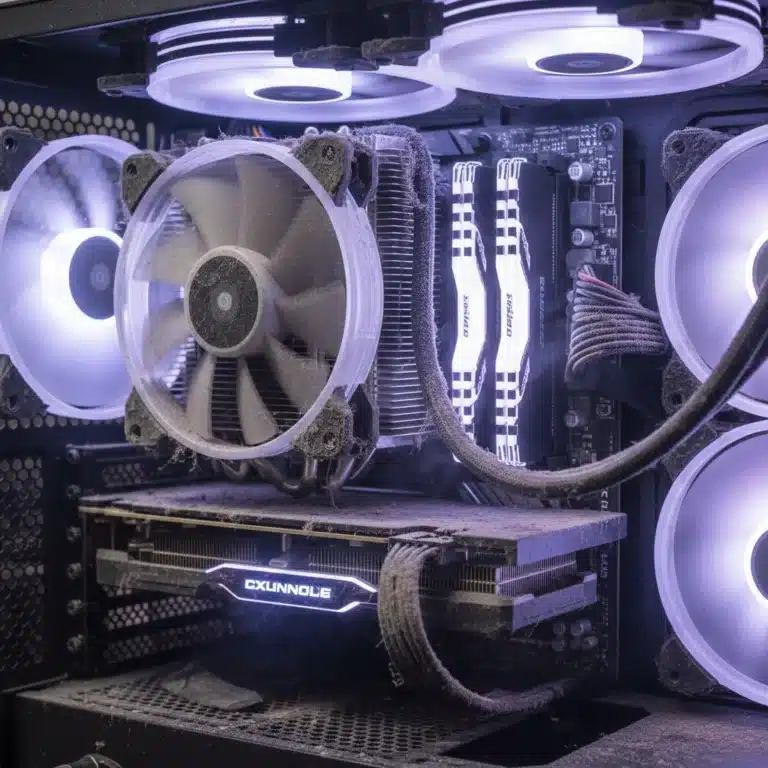 Dusty gaming PC interior highlighting the need for regular cleaning to maintain performance and prevent overheating.
