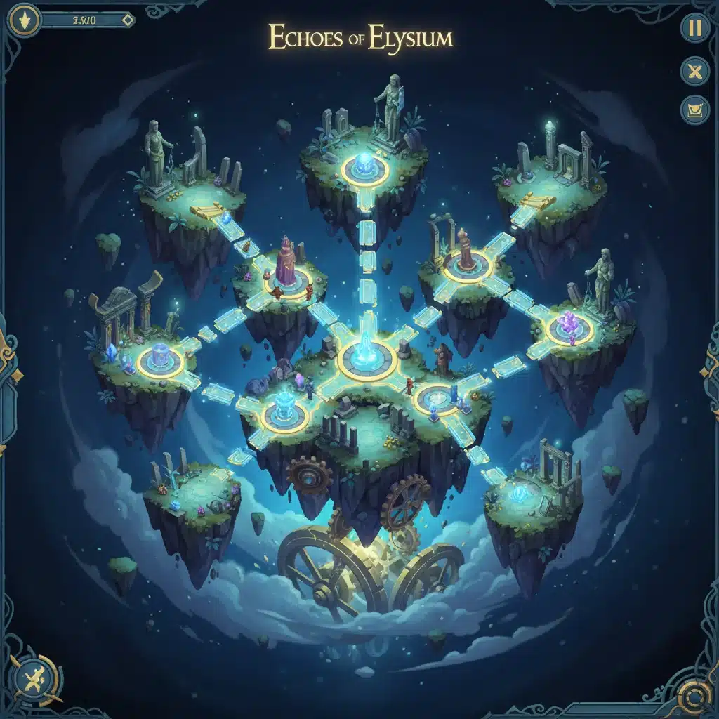 Isometric view of 'Echoes of Elysium' with floating islands and energy pathways.