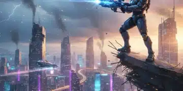 Futuristic soldier with plasma rifle overlooking a neon cityscape, representing the 2026 FPS landscape.