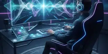 Gamer experiencing advanced 3D audio technology with futuristic headphones and immersive setup.