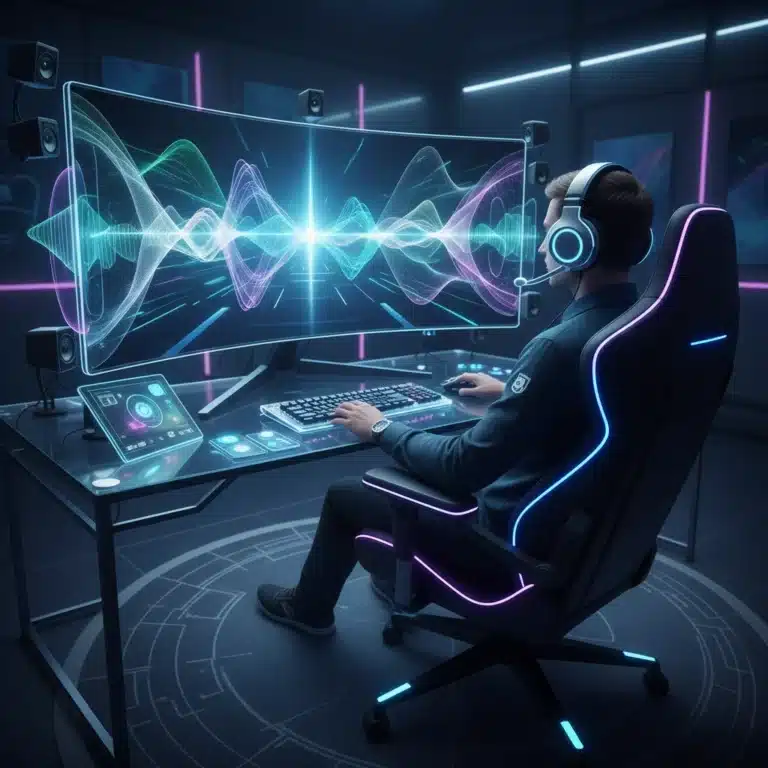 Gamer experiencing advanced 3D audio technology with futuristic headphones and immersive setup.