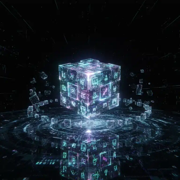Futuristic puzzle cube glowing with complex patterns, symbolising innovative puzzle games.