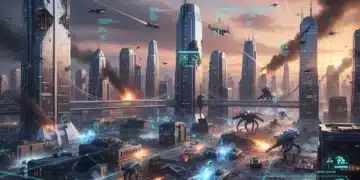 Futuristic battlefield with advanced military units and holographic tactical overlays, representing strategy games of 2026.