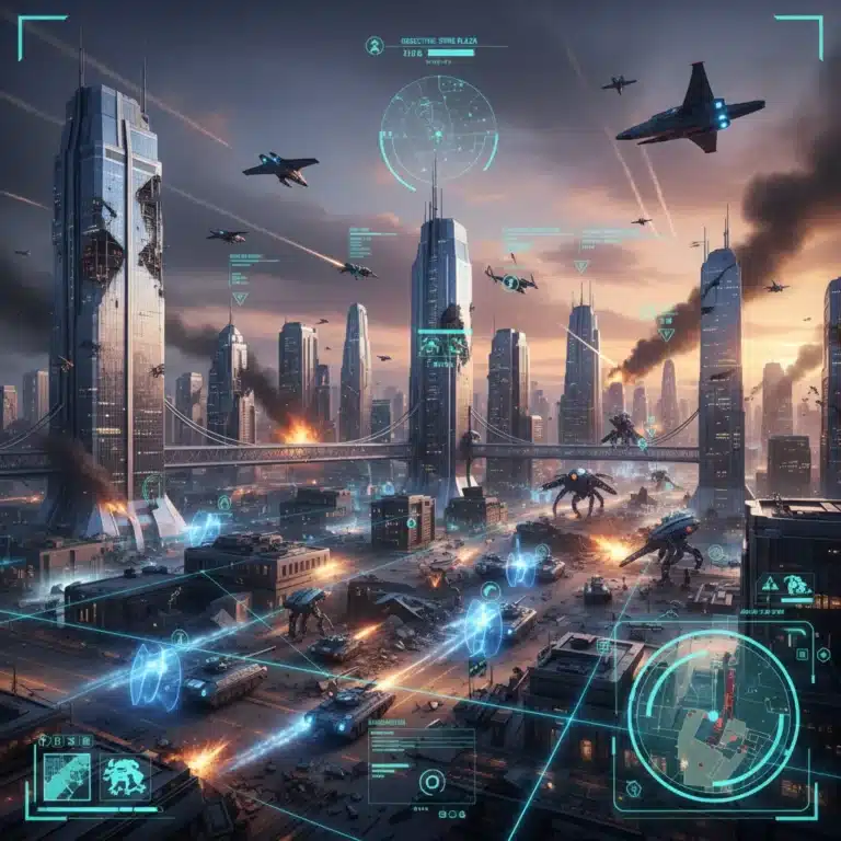 Futuristic battlefield with advanced military units and holographic tactical overlays, representing strategy games of 2026.