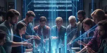 Futuristic game developers collaborating on new projects with US government funding