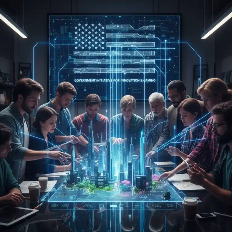 Futuristic game developers collaborating on new projects with US government funding