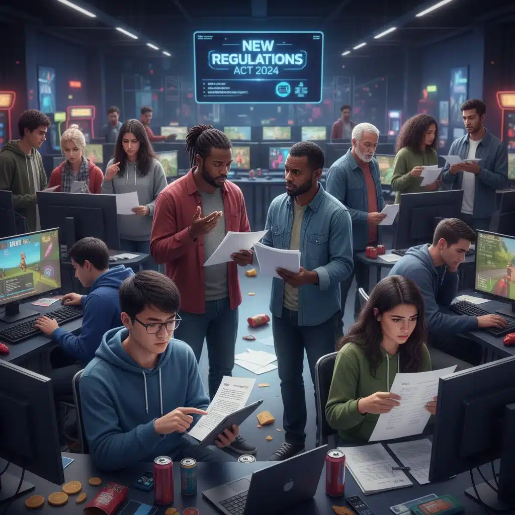 Diverse gamers discussing new US gaming regulations and their impact