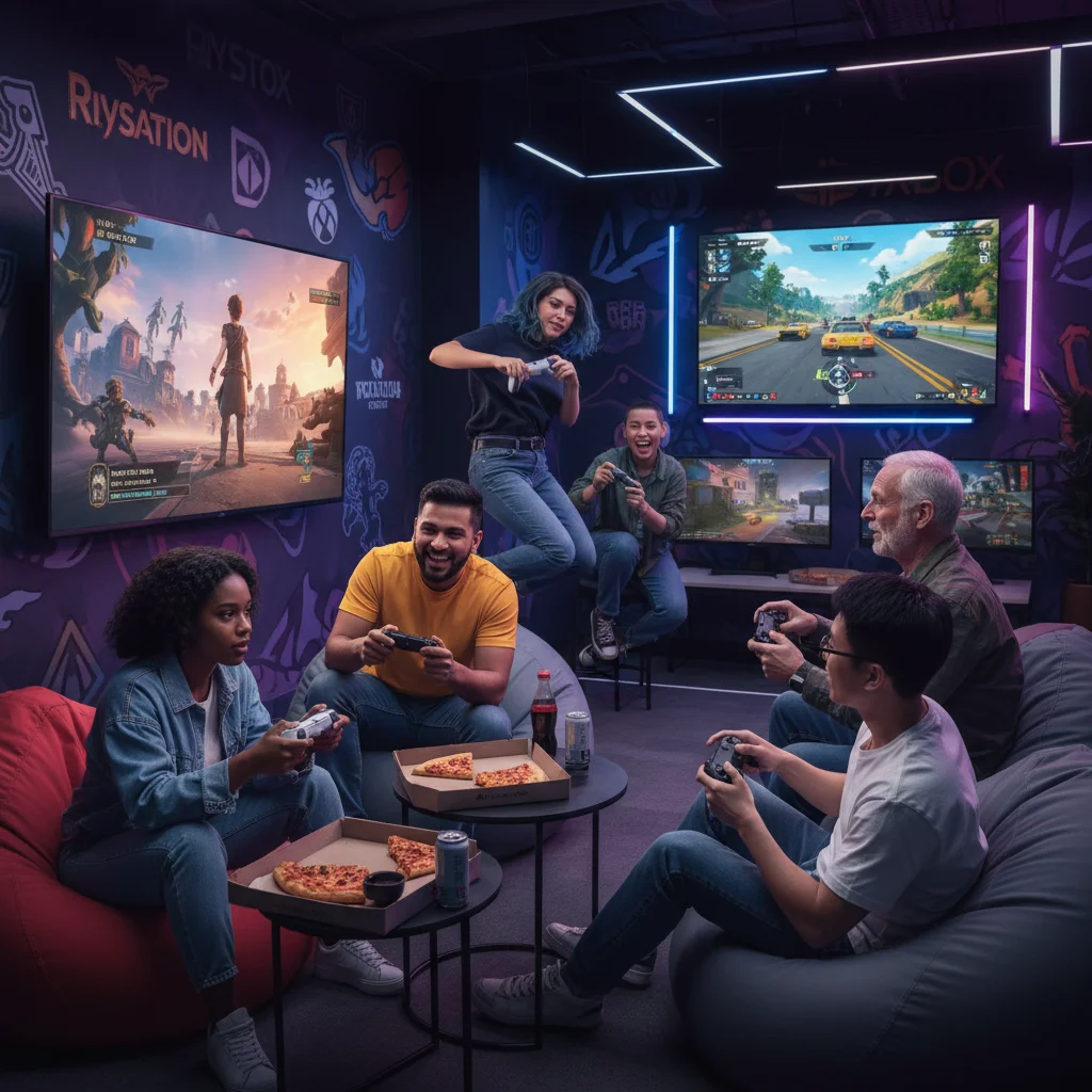 Gamers enjoying next-gen consoles, highlighting diverse user experiences with PlayStation 5 and Xbox Series X/S.