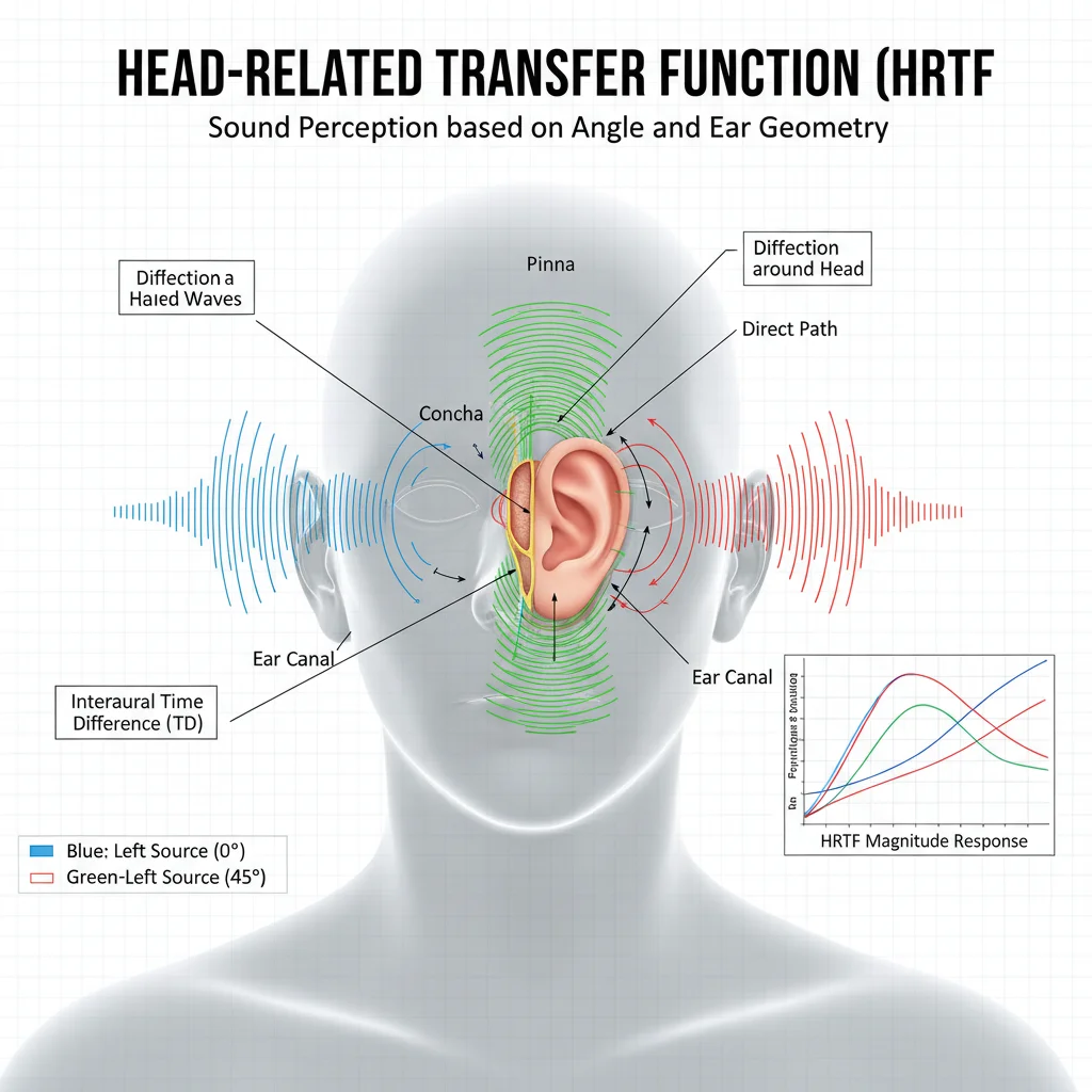 Diagram explaining Head-Related Transfer Function and its role in creating realistic 3D audio.