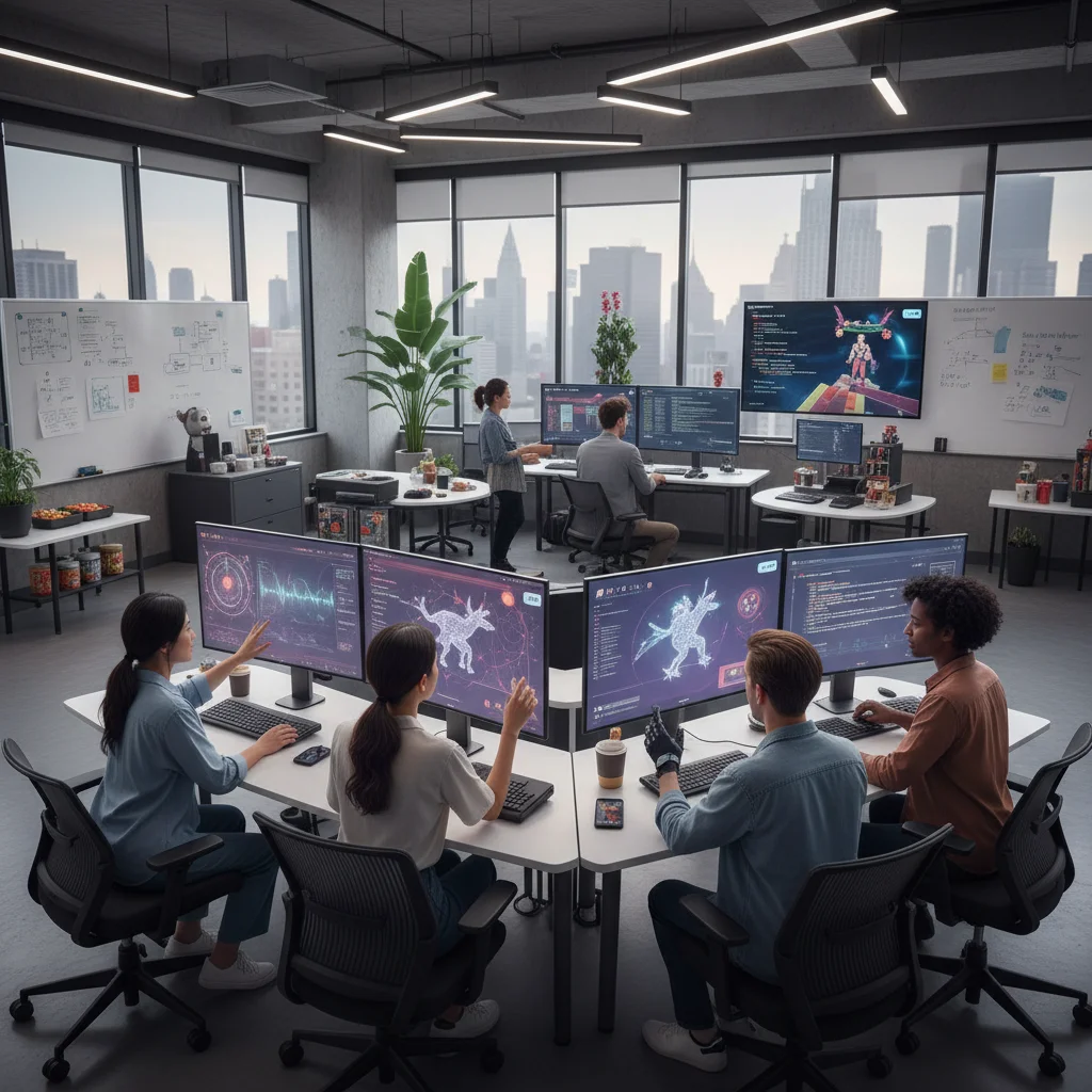 Game developers collaborating with AI interfaces in studio