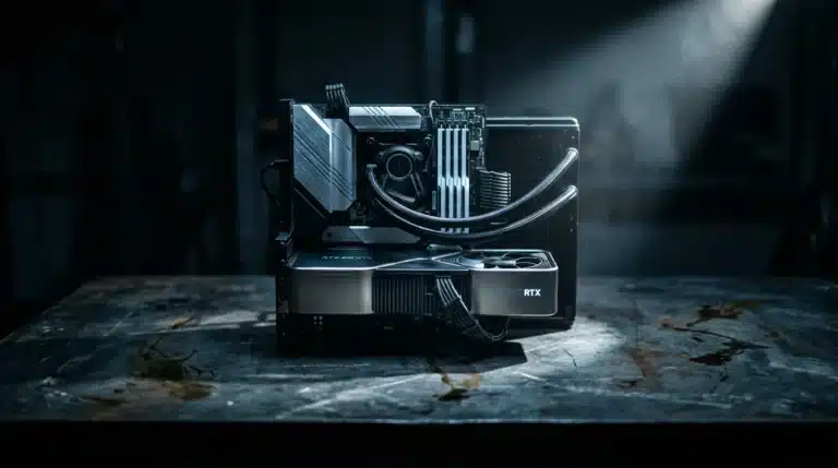 High-performance gaming PC components, including a modern GPU, CPU cooler, and RAM, dramatically lit on a steel workbench, emphasizing their interconnected roles in a gaming rig.