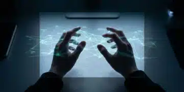 The Pulse of Play: Navigating the Evolving Landscape of Gaming News Close-up of hands interacting with a holographic display showing a network of gaming news information, symbolizing information flow and critical evaluation.