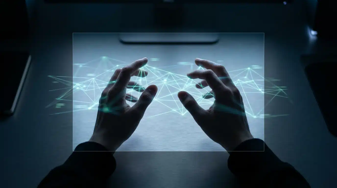 Close-up of hands interacting with a holographic display showing a network of gaming news information, symbolizing information flow and critical evaluation.