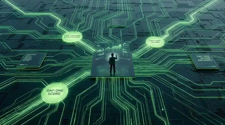 An aerial drone photograph showing a complex digital landscape of flowing green data streams and geometric patterns, representing evolving game review metrics and live service evaluation.